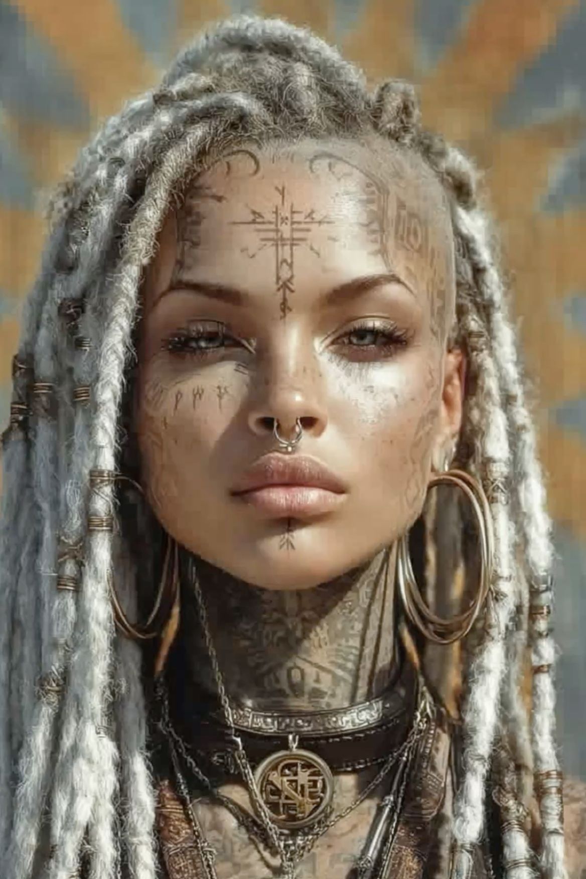 <lora:Epic Sci Fi Flux:1.0> <lora:Earth and mystic:1.0> <lora:Murraypunk Flux:1.0> <lora:Double Photoreal v2:1.0> A striking portrait center...