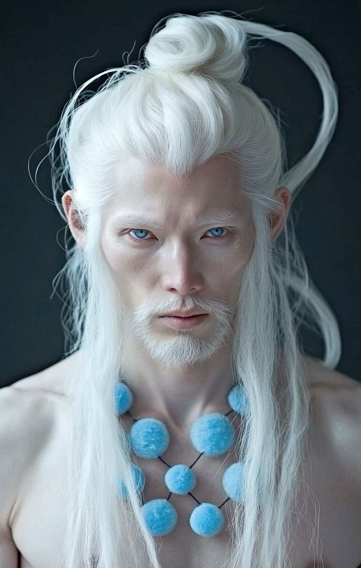 <lora:Abstraction:1.0> A striking portrait features a fair-skinned individual with stark white hair styled in a high bun, a long flowing pon...