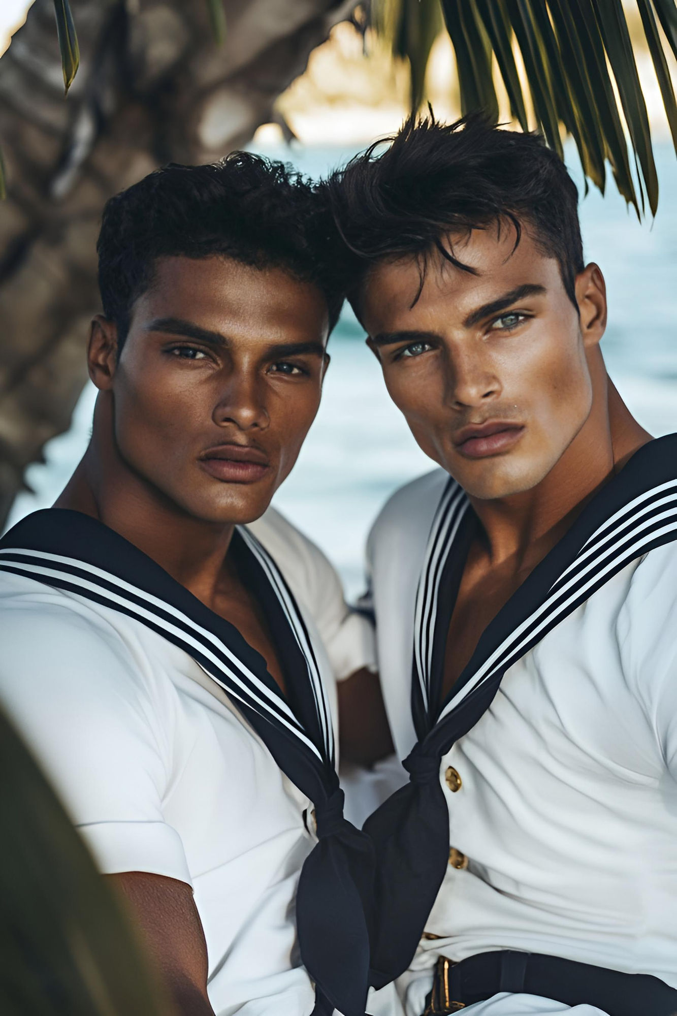 <lora:Murraypunk Flux:1.0> <lora:Double Photoreal v2:1.0> <lora:DreamweaverFlux:1.0> <lora:SuperHyperrealismFlx:1.0> Two strikingly handsome...