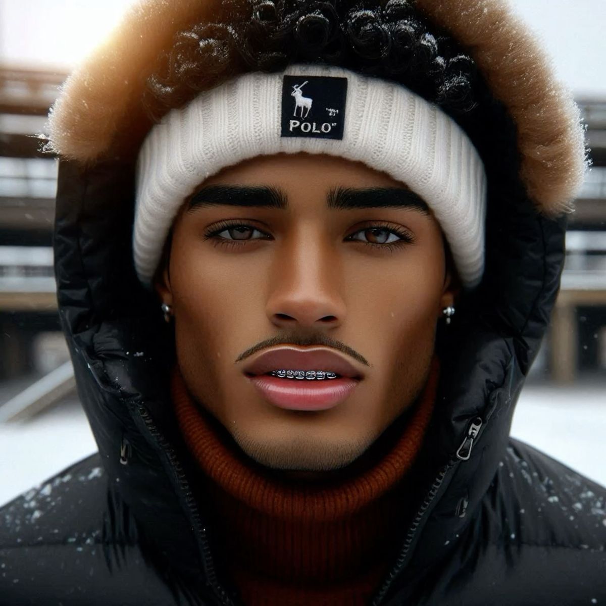 <lora:GoldenHour:1.0> <lora:SuperHyperrealismFlx:1.0> A close-up portrait captures a young man with striking features, centered in the frame...