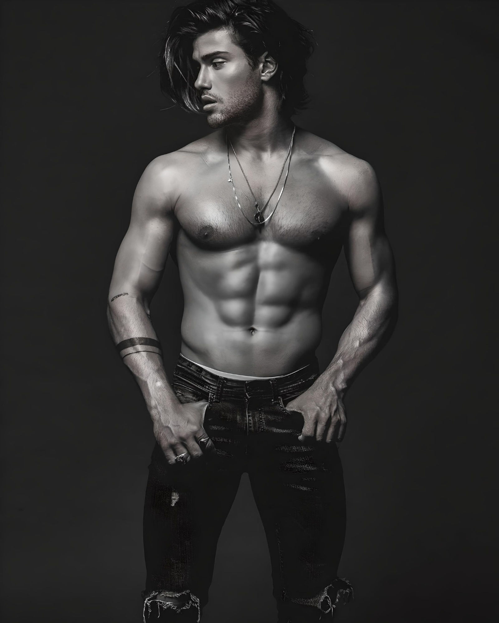 A shirtless Tattooed handsome hunk in the storm