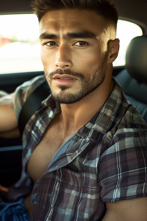 <lora:SuperHyperrealismFlx:1.0> <lora:Double Photoreal v2:1.0> <lora:Handsome Guys:1.0> A handsome man sits in the driver's seat of a car, c...