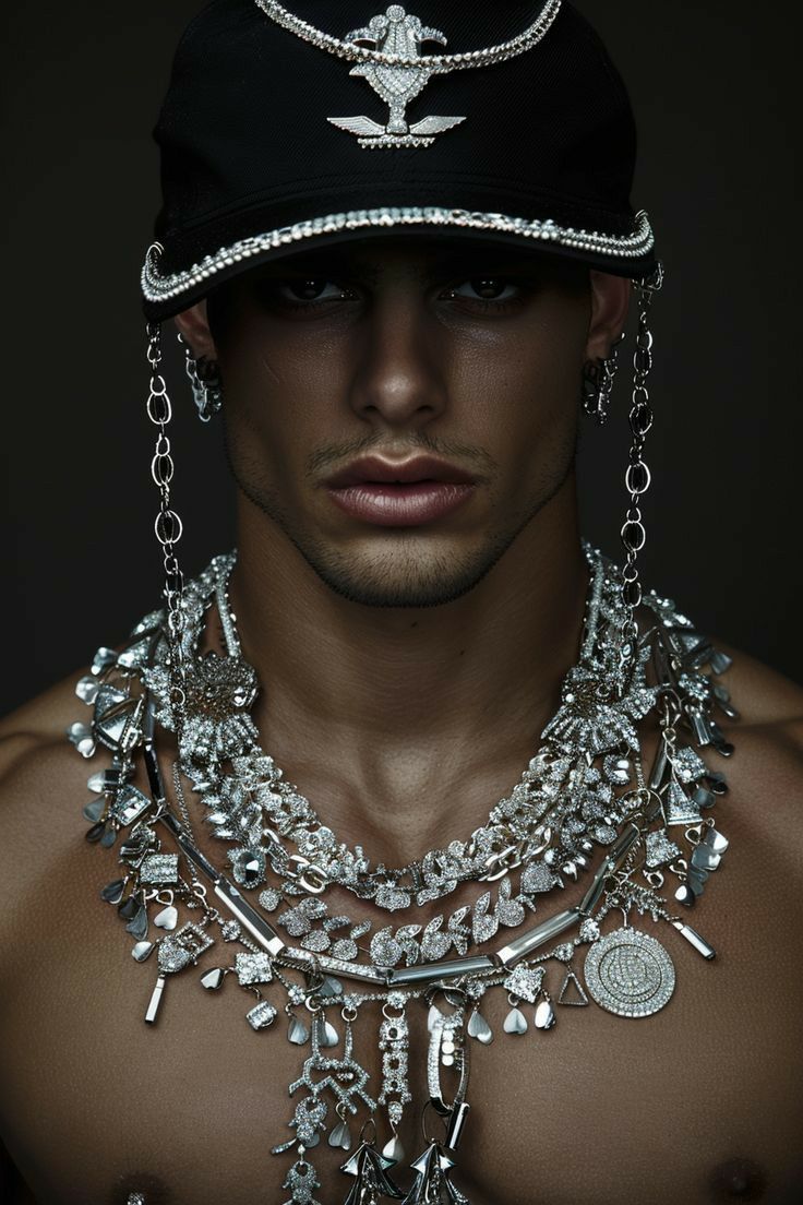 <lora:Murraypunk Flux:1.0> <lora:SuperHyperrealismFlx:1.0> <lora:Double Photoreal v2:1.0> A man with a cap heavily adorned with silver jewel...