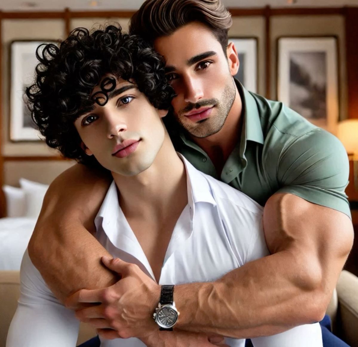 <lora:Epic Sci Fi Flux:1.0> <lora:Murraypunk Flux:1.0> <lora:SuperHyperrealismFlx:1.0> <lora:Double Photoreal v2:1.0> Two handsome men are i...