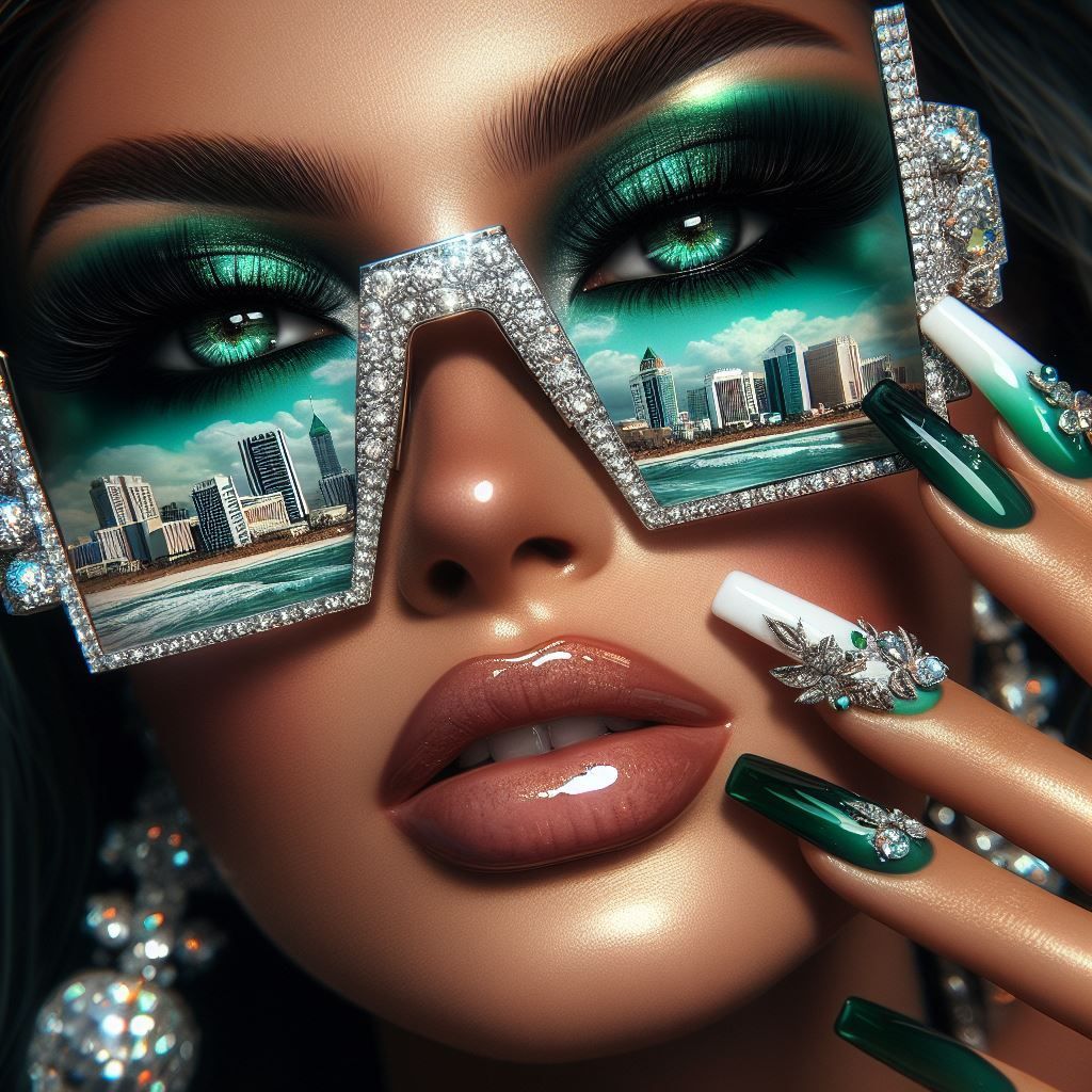 <lora:Realistic Beauty:1.0> <lora:Powerful Women:1.0> <lora:Diva:1.0> A close-up portrait showcases a woman with striking emerald green eye ...
