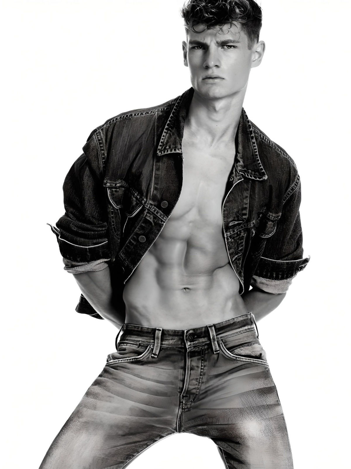 <lora:Detailed realism:1.0> <lora:Double Photoreal v2:1.0> <lora:EtherealVisionsFlux:1.0> A young, muscular man stands against a stark white...