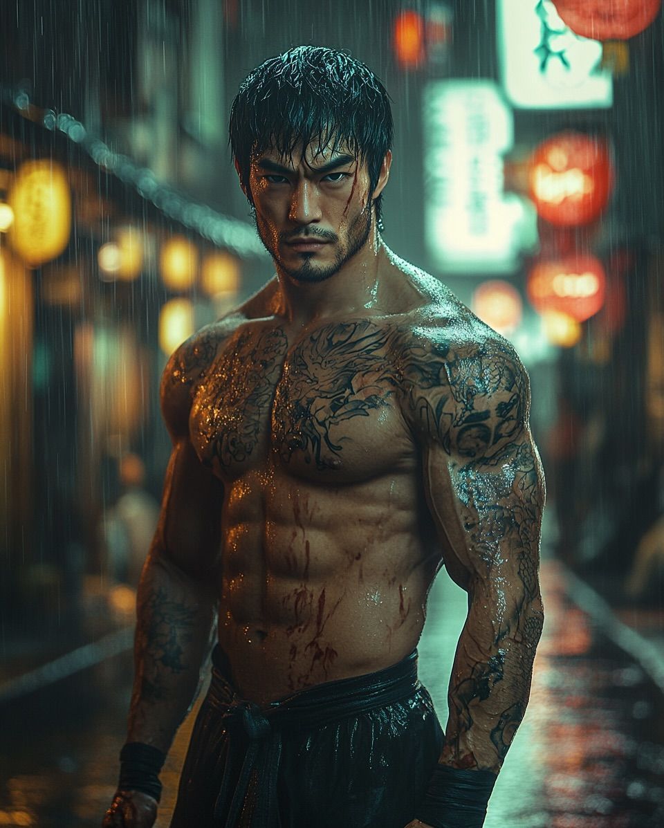 <lora:Epic Sci Fi Flux:1.0> <lora:Double Photoreal v2:1.0> <lora:EtherealVisionsFlux:1.0> A muscular, shirtless Asian man with short, wet bl...