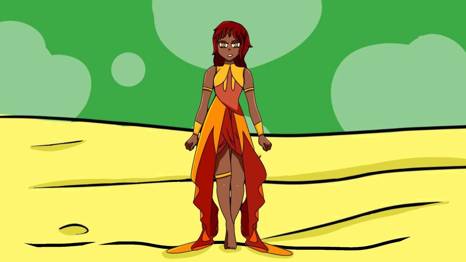 screenshot from 1980s laserdisc dark fantasy film. retro color. this full body woman with bright red hair dark skin and a dress with shades...