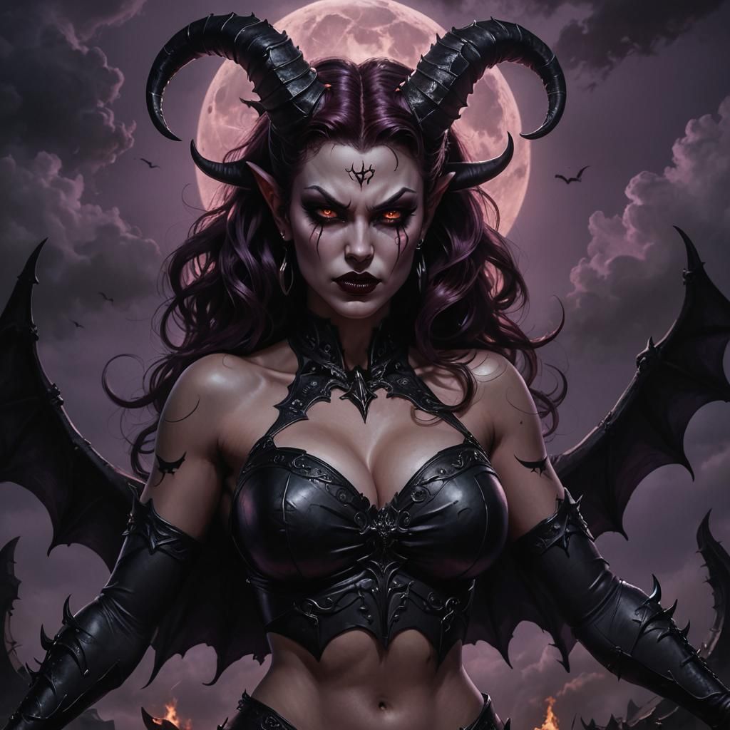 Really thick latina female demon. Black and purple sky. Huge devil horns on her head. Black bat wings, long curly hair