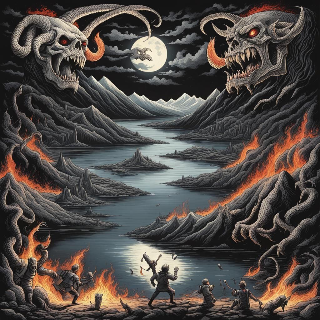 Down in hell, lake of fire, fire all around, with demons, blood r d noon