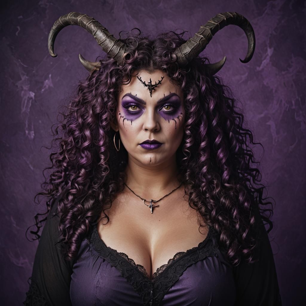Scary, beautiful, evil faced, demonic, full figured woman with horns and curly hair, purple background, 