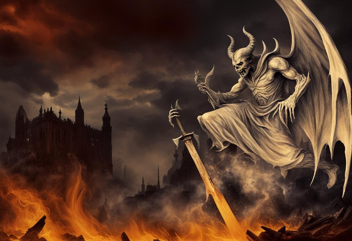 Devil Enemy of the Dark Age, decomposed, dismal Creation, demonic, evil, black and white