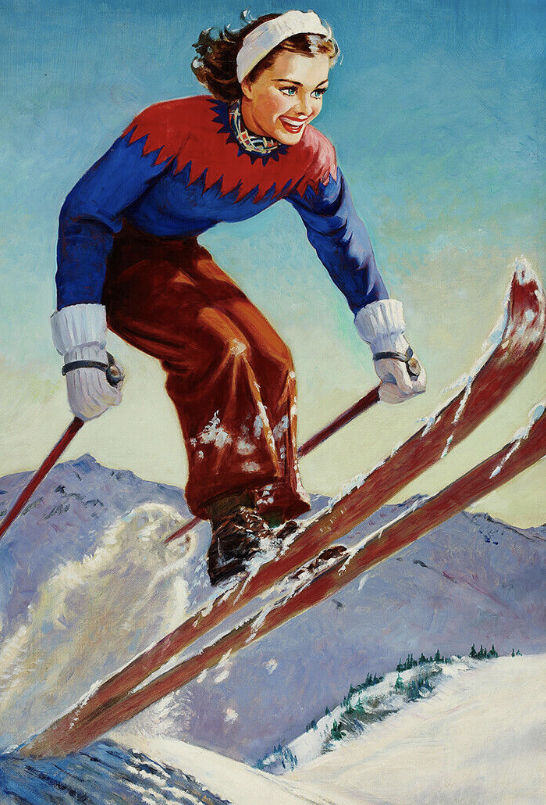 <lora:Endless Melody:1.0> <lora:NC Hyperreal:1.0> An image of a vintage skier, that’s a very detailed going down a mountain with a snowcappe...