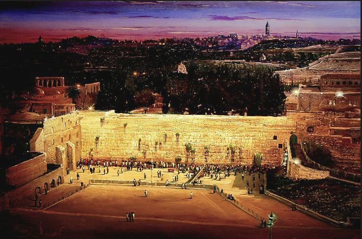 The Western Wall at Sunrise, rendered in oil on canvas, is a breathtaking intricate description, with delicate brushstrokes and thin layers...