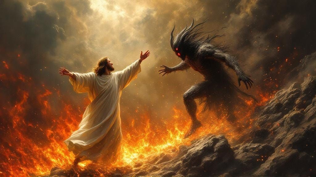 Jesus Christ Throws Satan Into The Lake Of Fire