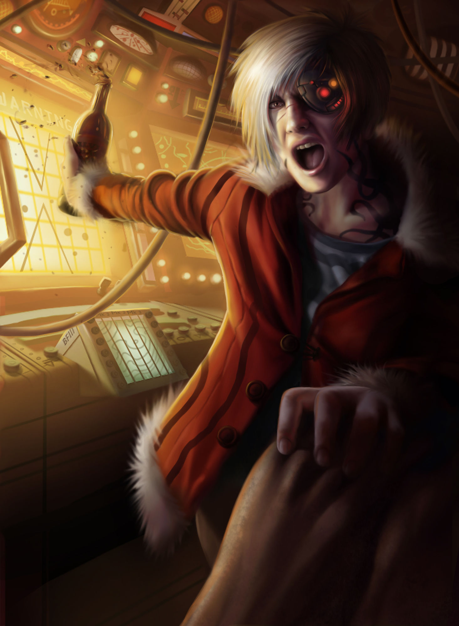 middle eastern fleet admiral (with a robotic eye) on a space ship Cinematic film still, shot on v-raptor XL, film grain, vignette, color gra...