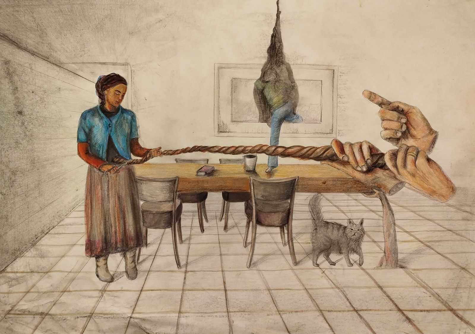 ‏on the wall in the middle there is a girl drying to get inside escape the reality she is in as showing picture