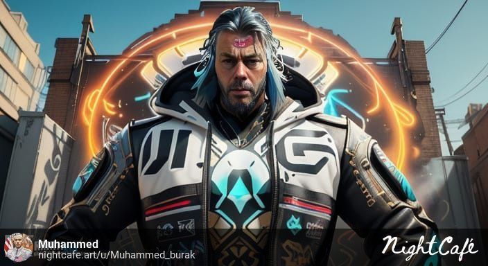 A dynamic street-art scene featuring a fictional rapper named K standing confidently in front of a massive graffiti wall. The graffiti inclu...