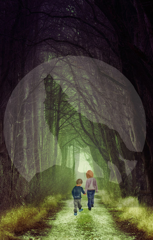 full moon, foggy forest, cave, night, children walking, wolf beside children