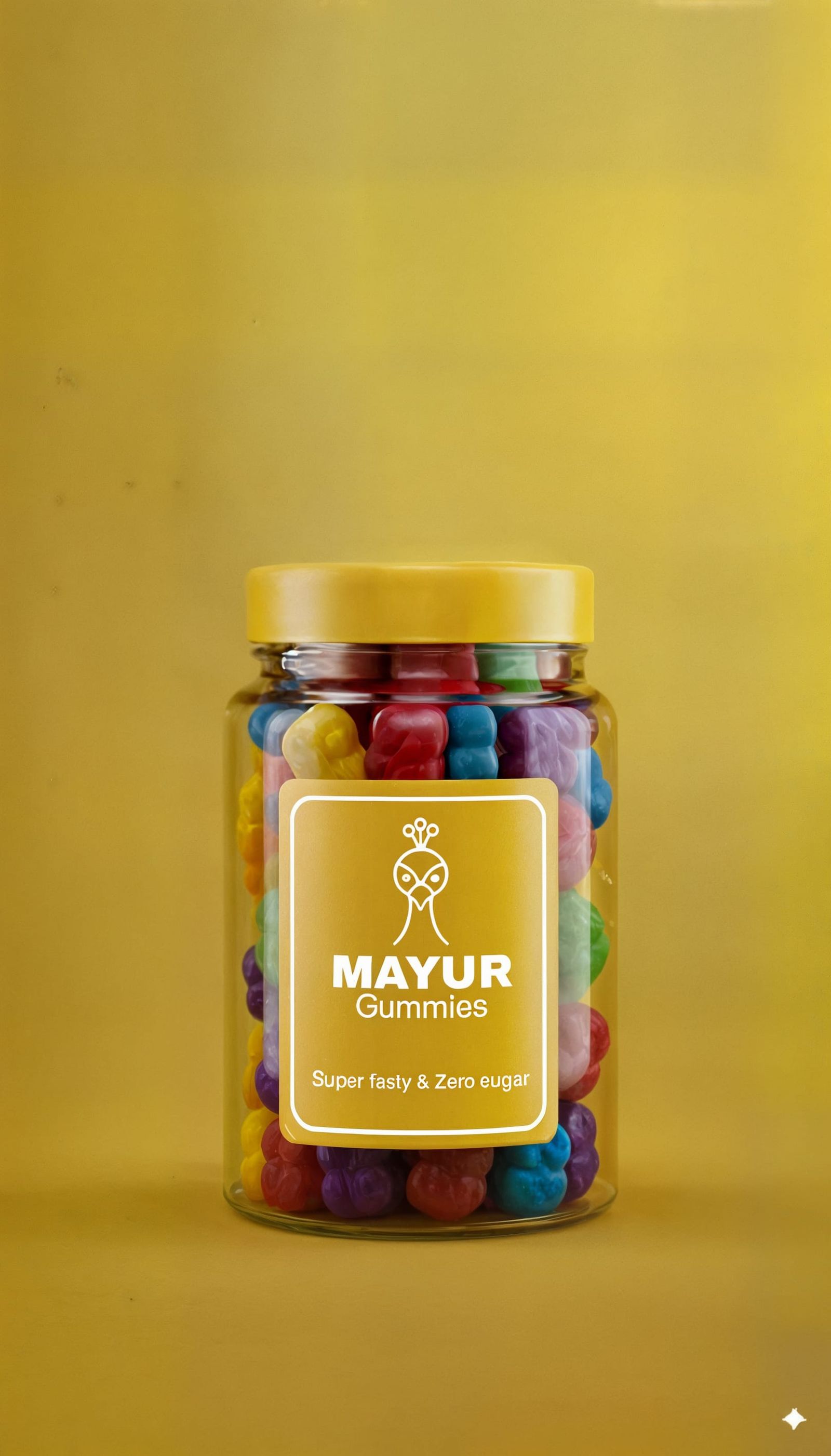 Peacock shaped Gummies jar, filled with colourful peacock sh...