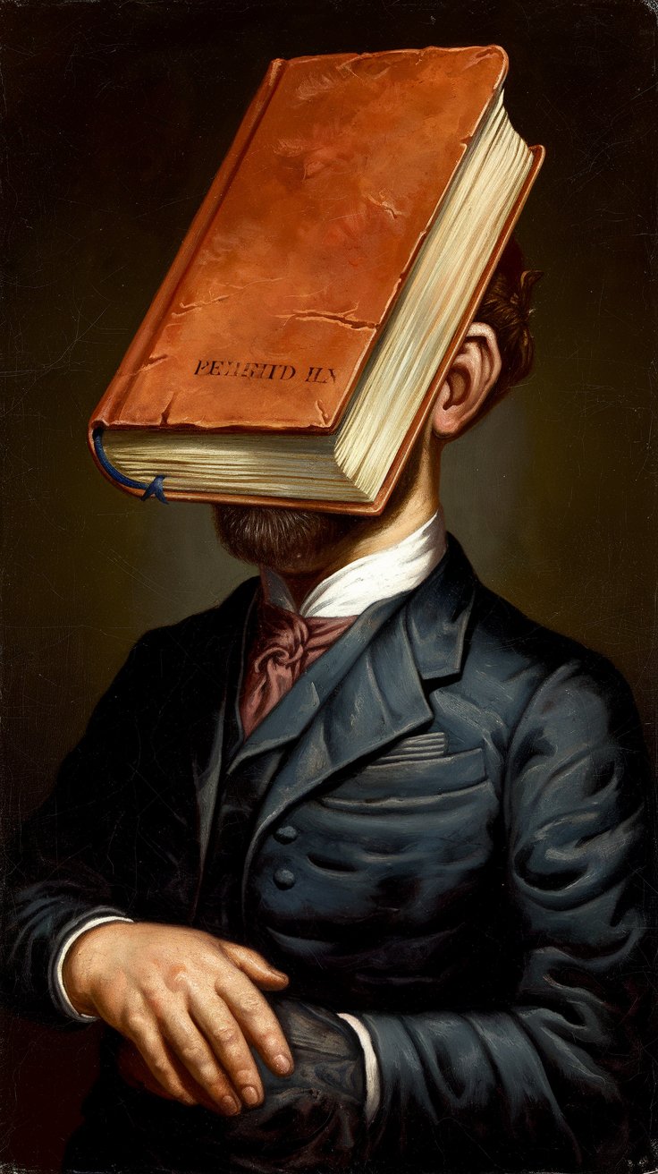 A painting of a man with a book for a head. The man is wearing a suit and has a beard. The background is dark.