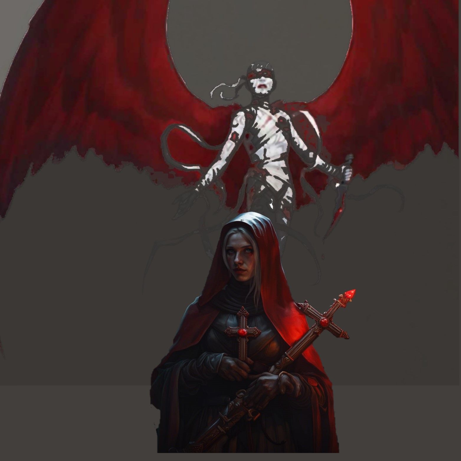 dark church background, night, holding a double barreled gun, black leather armor, red nun's habit, standing in front of angel with red wing...