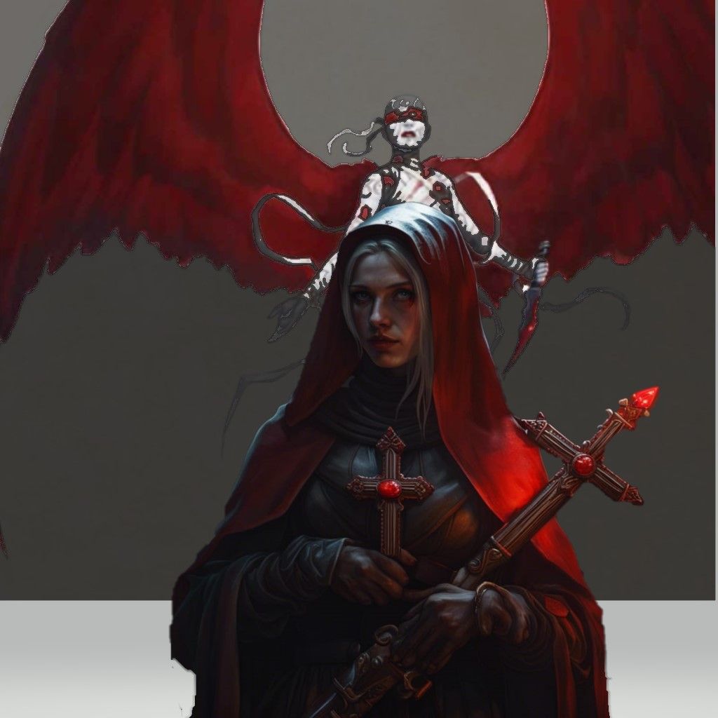 dark church background, night, holding a double barreled gun, black leather armor, red nun's habit, standing in front of angel with red wing...