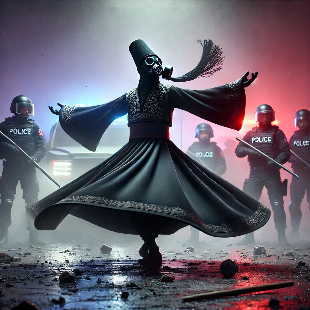 A figure wearing a gas mask and black Mevlevi attire is captured in a moment while spinning in the traditional Sufi dance. The scene is fill...
