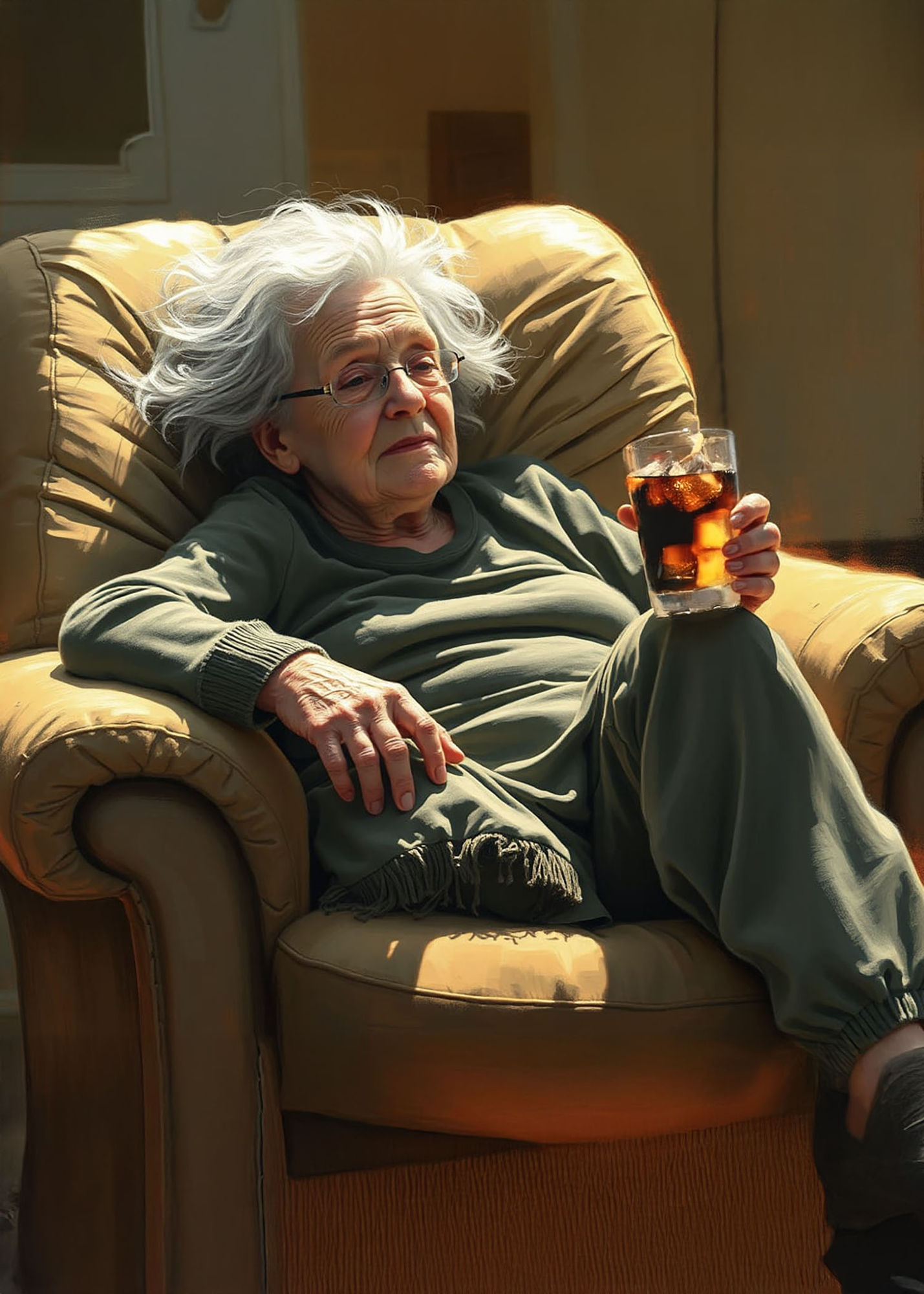 old lady sat in armchair relaxing with a drink detailed matte painting oil painting by James Gurney