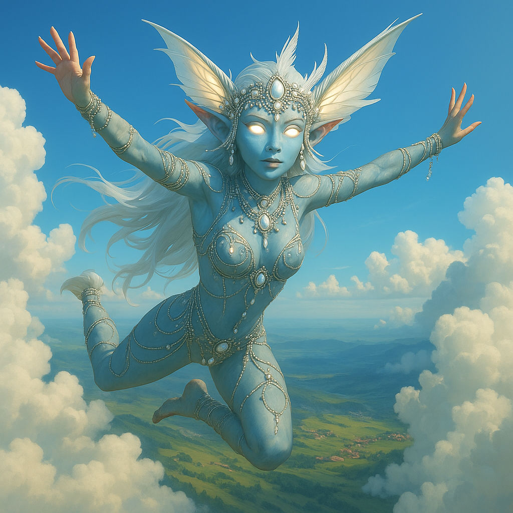 The skydiver is floating in the air as her hair is flying and her eyes and gems on her dress are glowing. She smiles gen...