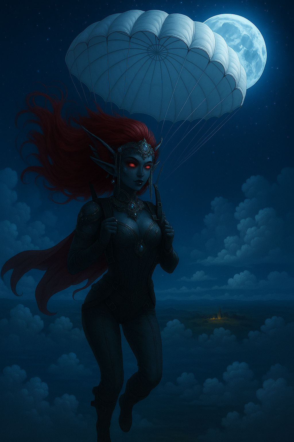 The skydiver is floating in the air as her hair is flying and her eyes and gems on her dress are glowing. She smiles gently 