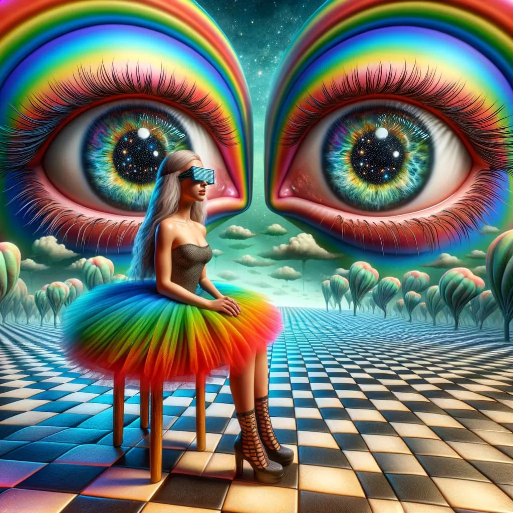 Visualize a surreal scene with a shifting 3D checkered floor that offers an illusion of depth. This fascinating sight is accompanied by a wa...