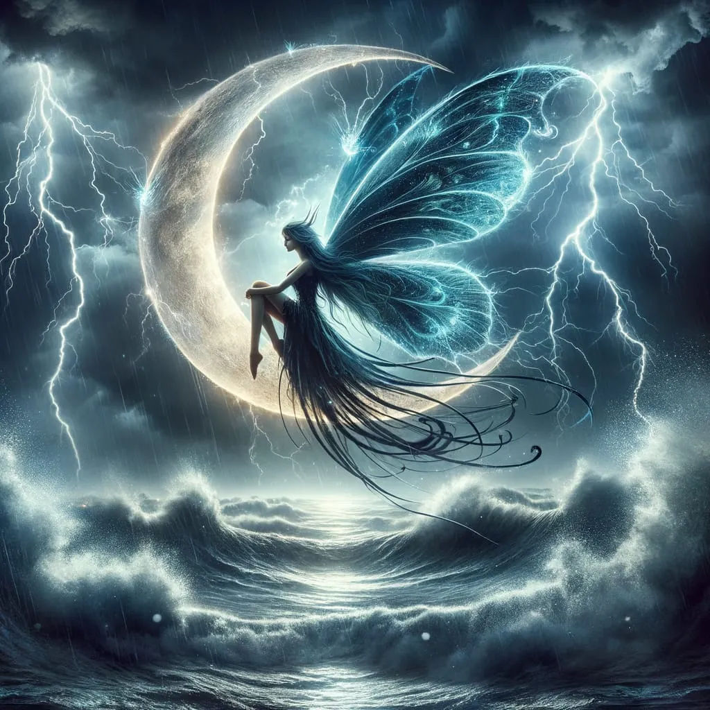 Visualize a scene with a dark, luminescent fairy possessing long wings. She is perched on a crescent moon, suspended abo...