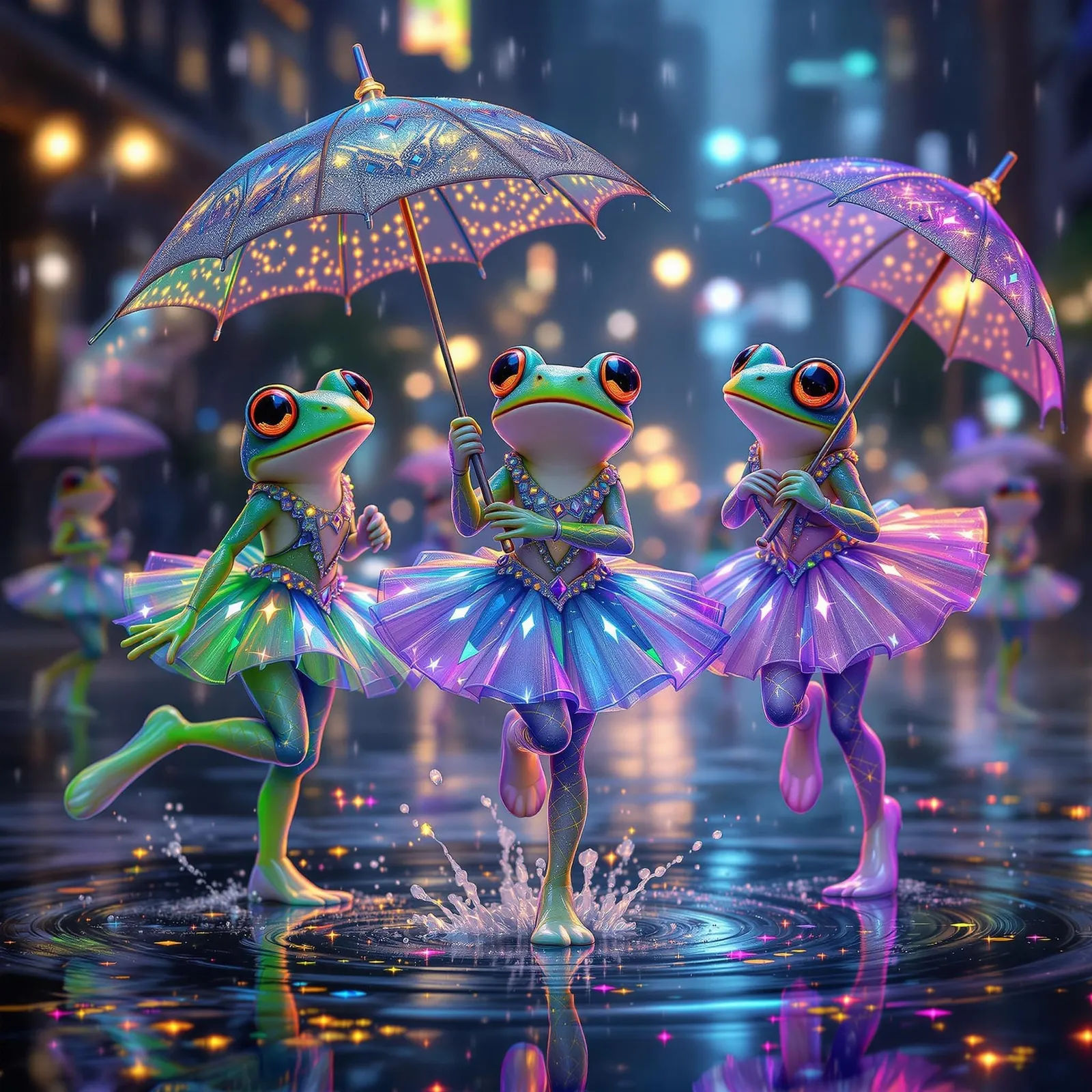 Vibrant, iridescent frogs, dressed in intricately beaded, glittering tutus that shimmer in emerald green, sapphire blue,...
