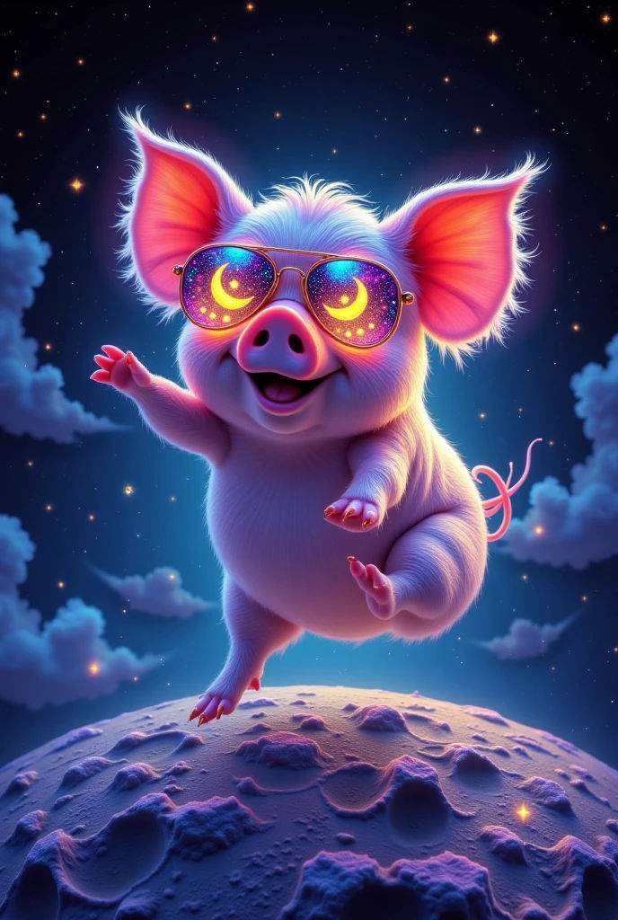 Pig wearing trendy glass sunglasses with glittering stars and a crescent moon on the lenses, shimmering with stardust, j...