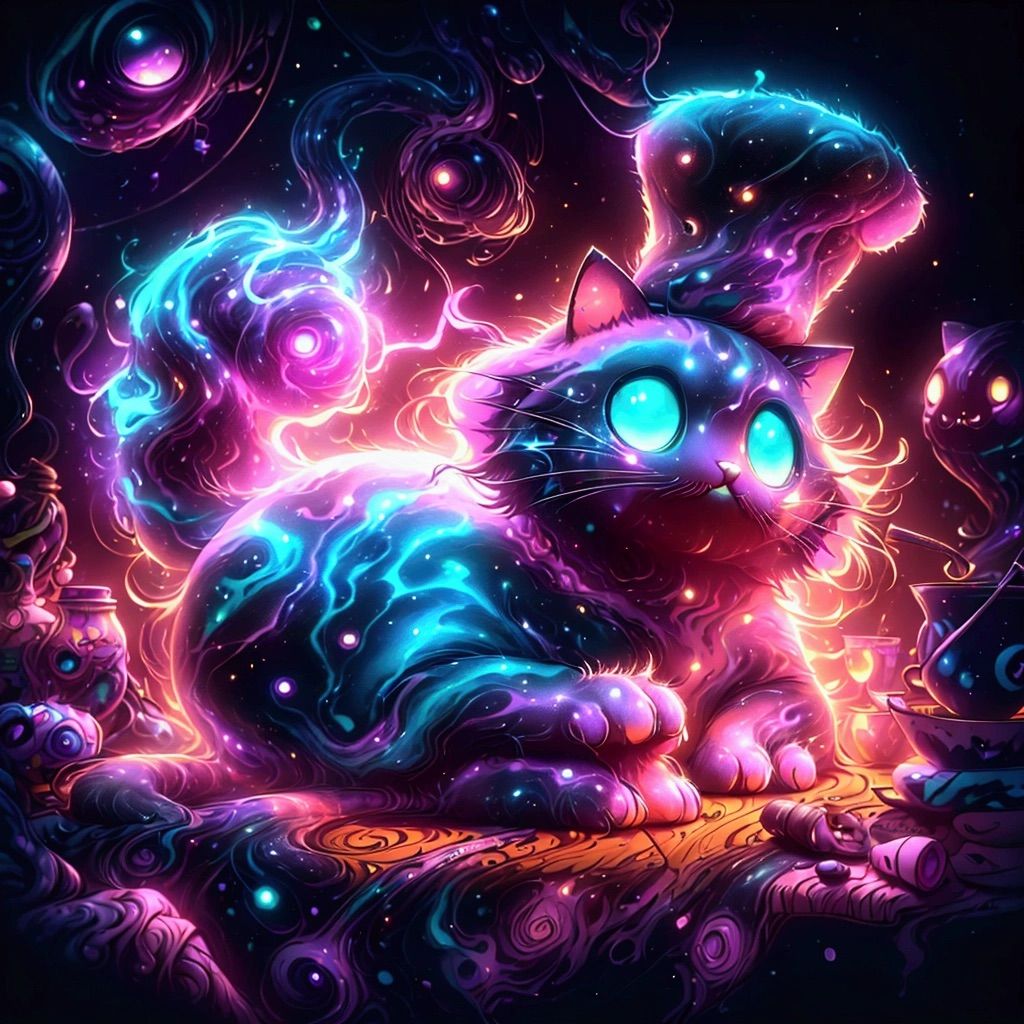 purple and blue sparkling neon cheshire cat, cosmic cheshire cat, psychedelic neon, lit from within