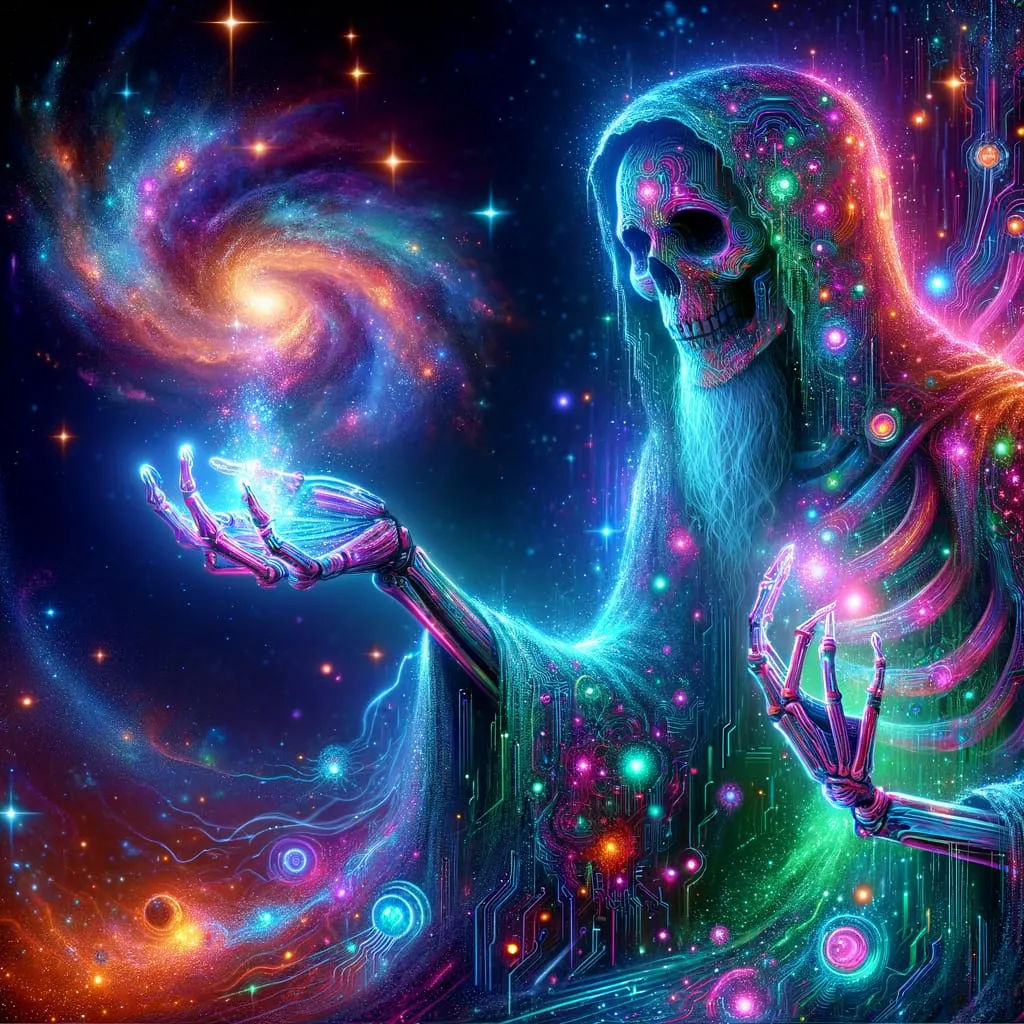 a spectral figure similar to a symbolic representation of Death but in a vibrant, neon holographic style, holding a mini...