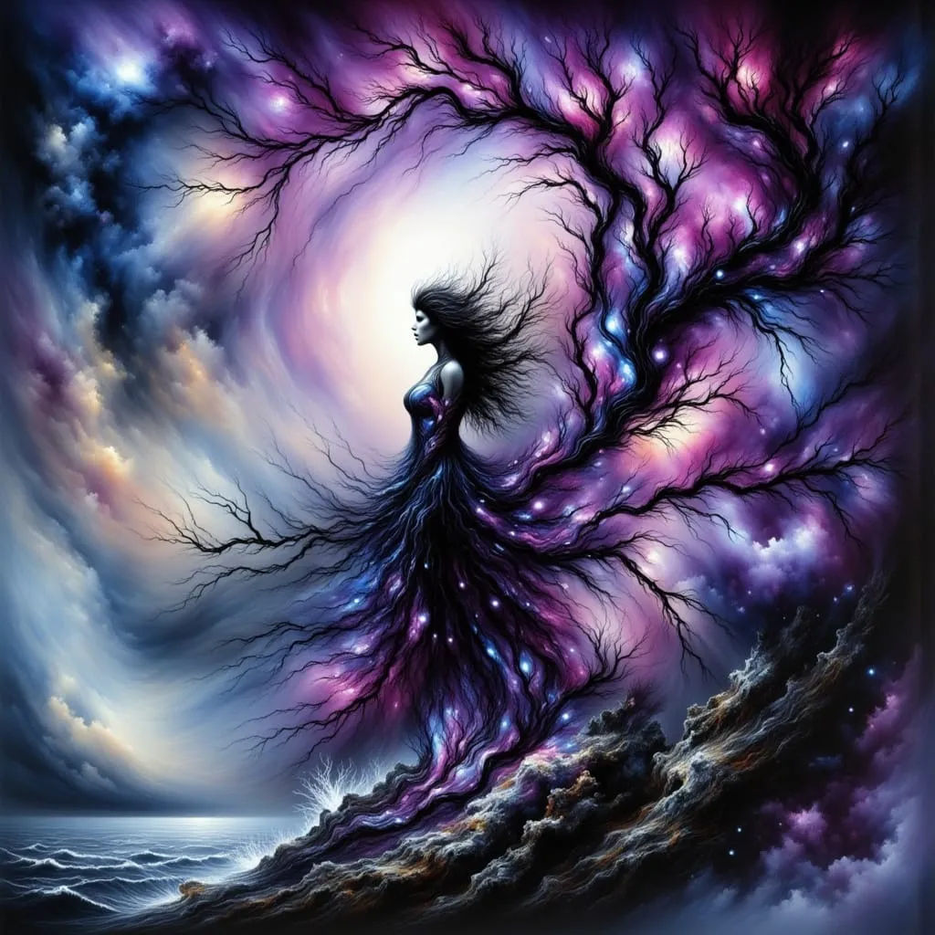 A wicked sorceress, draped in a flowing, deep purple and black wizard's dress adorned with intricate, swirling patterns ...