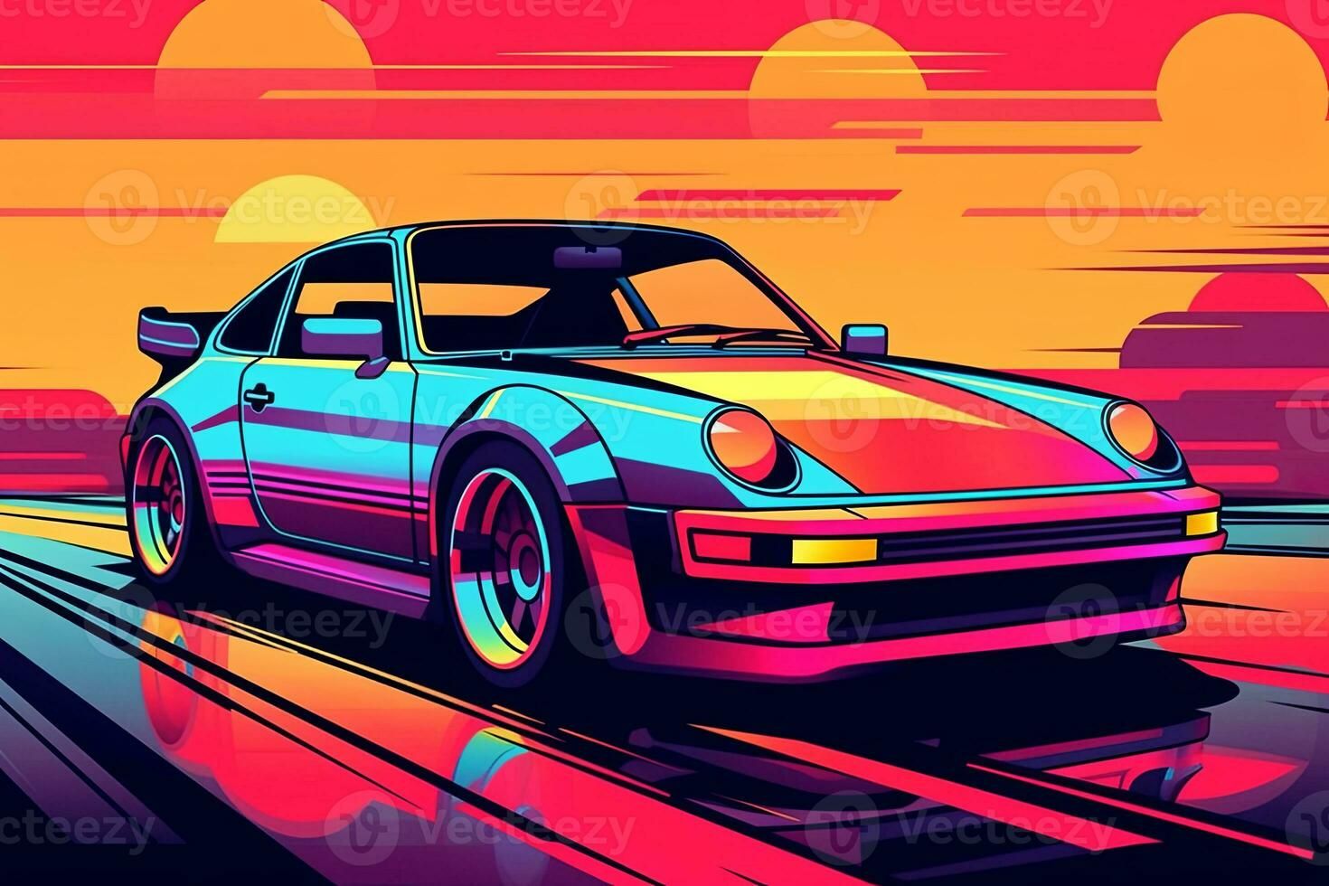 70s car minimalism vector warm colors urban landscape.