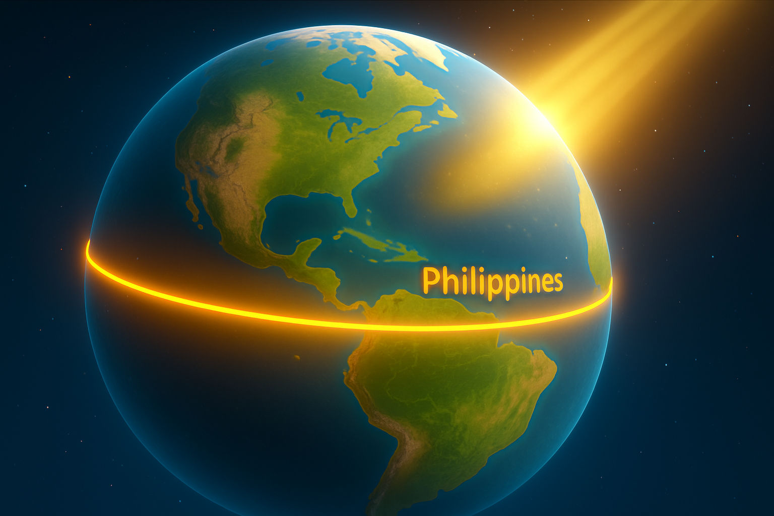 the ray of light shows the center. the glove rotates camera zoom in. showing the philippines island