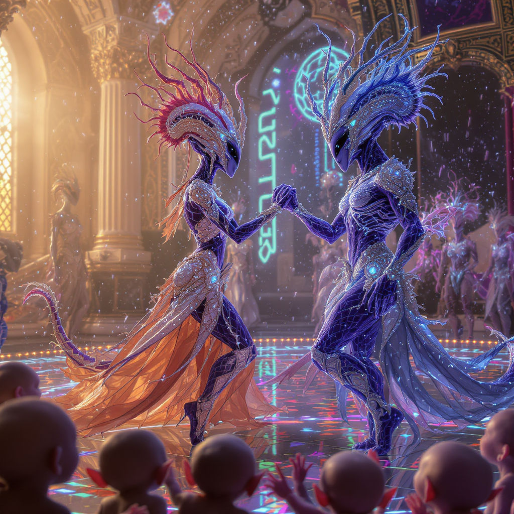 Beautiful beings from a planet across the universe are dancing in their shimmering glittery finery as onlookers in the s...