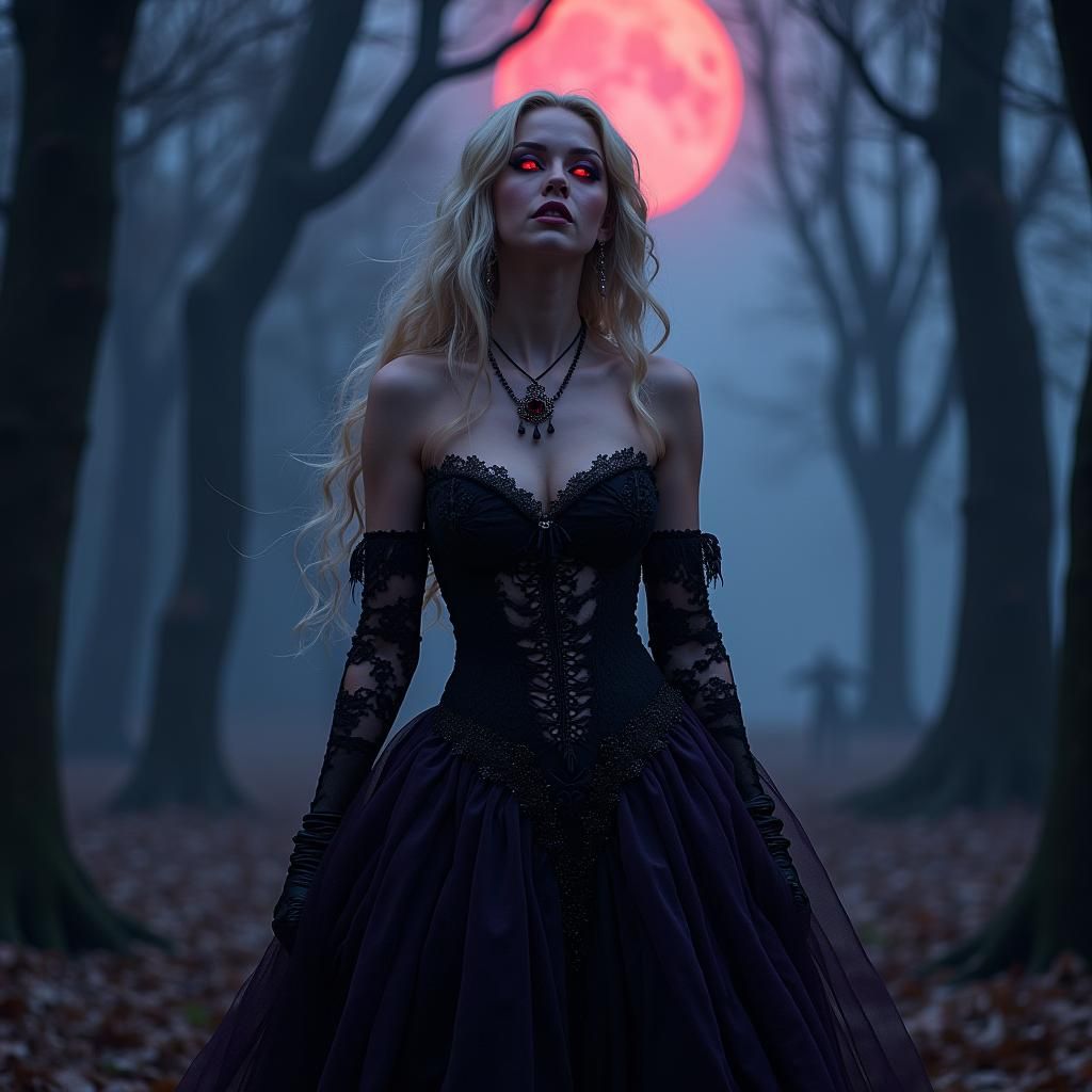 Bedrohliche und attraktive Britney Spears zu Halloween mit strahlend roten Augen.