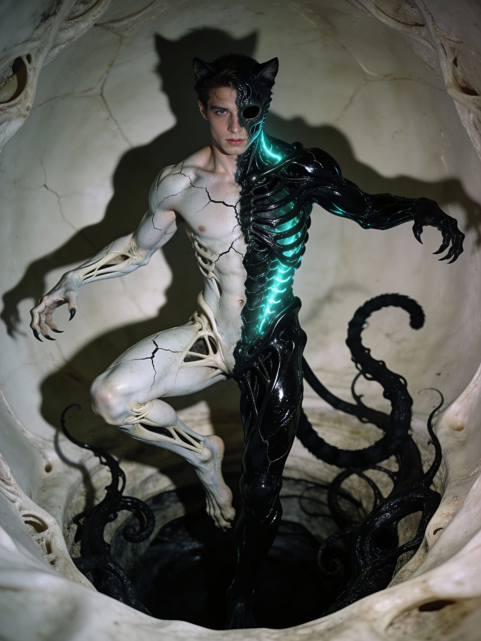 A lithe young man caught mid-transformation, his pale human skin fracturing like cracked porcelain as obsidian-black exo...