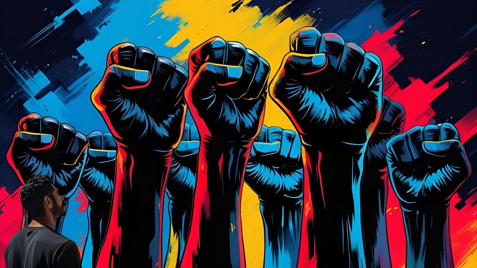 homem negro olhando mãos fazendo gesto de força e união