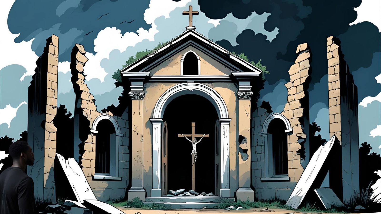 homem observando igreja em rúinas