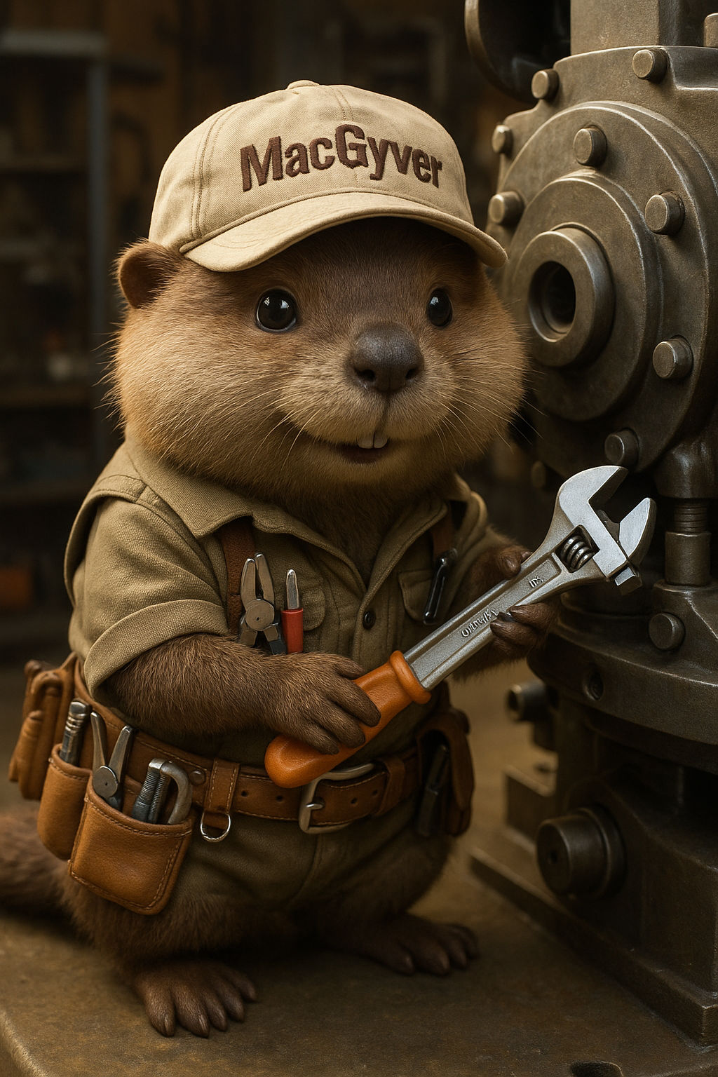 cute MacGyver fixing a dam machine while water splashes everywhere, making the cute beaver wet