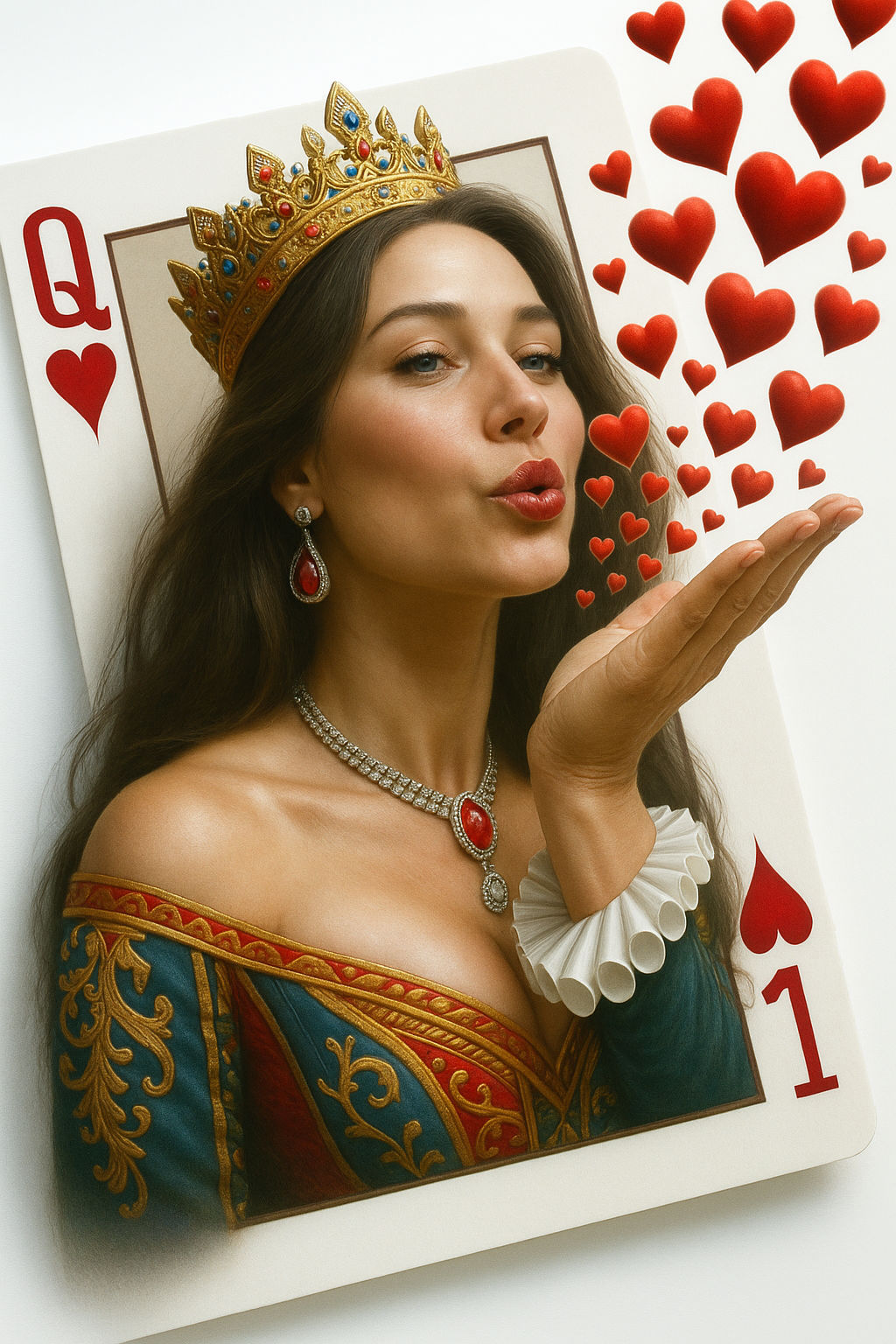queen of hearts blowing hearts into the sky where the hearts burst into colorful fireworks