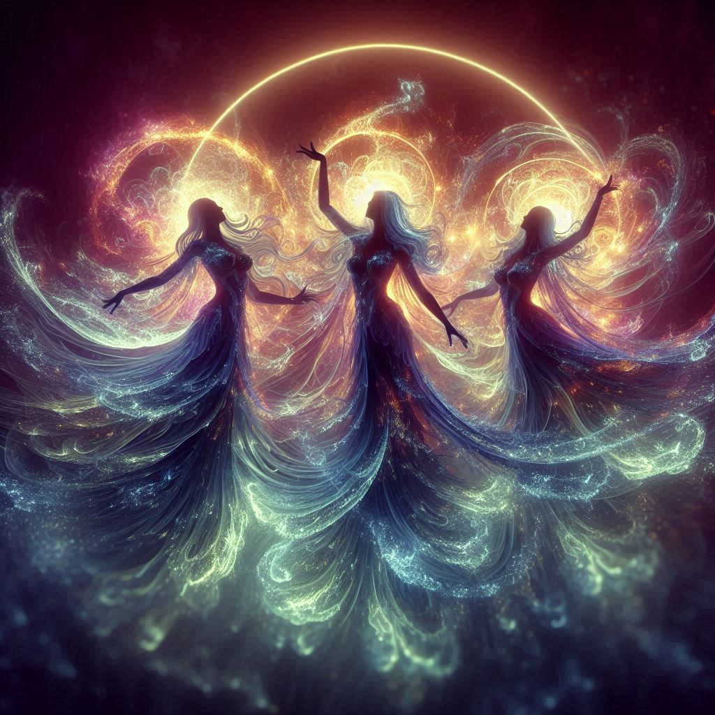 3 bioiluminescent figures like ancient greece godesses dancing in circle leaving ethereal glow ethereal fantasy 8k resolution holographic as...