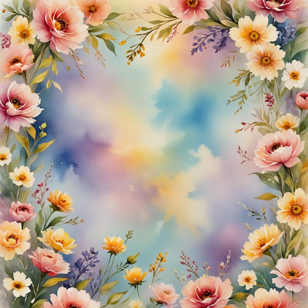 thin colorful watercolor flowery elegant decorative frame with ample empty space in the middle