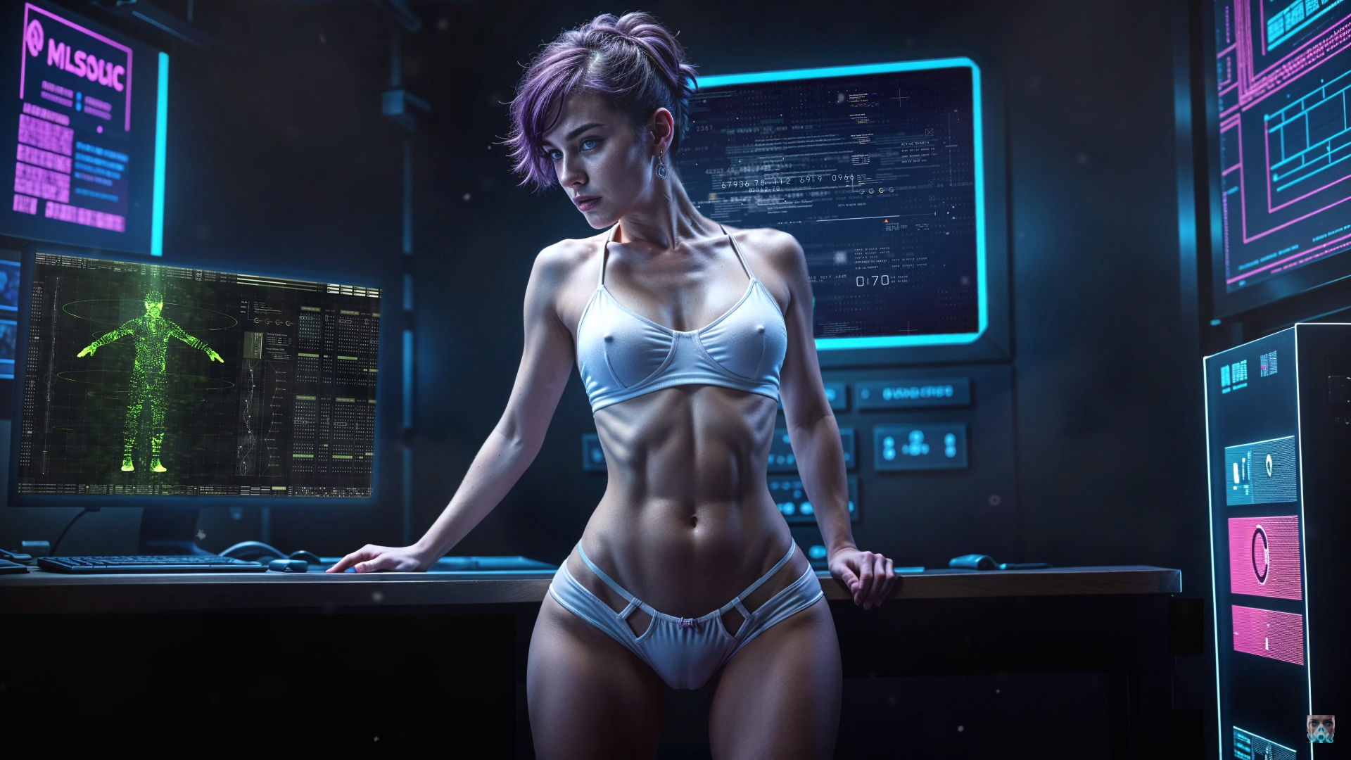 The most beautiful and stunning blonde curvy woman with blue eyes and blonde hair wearing a futuristic shiny white sport bra and low underwe...